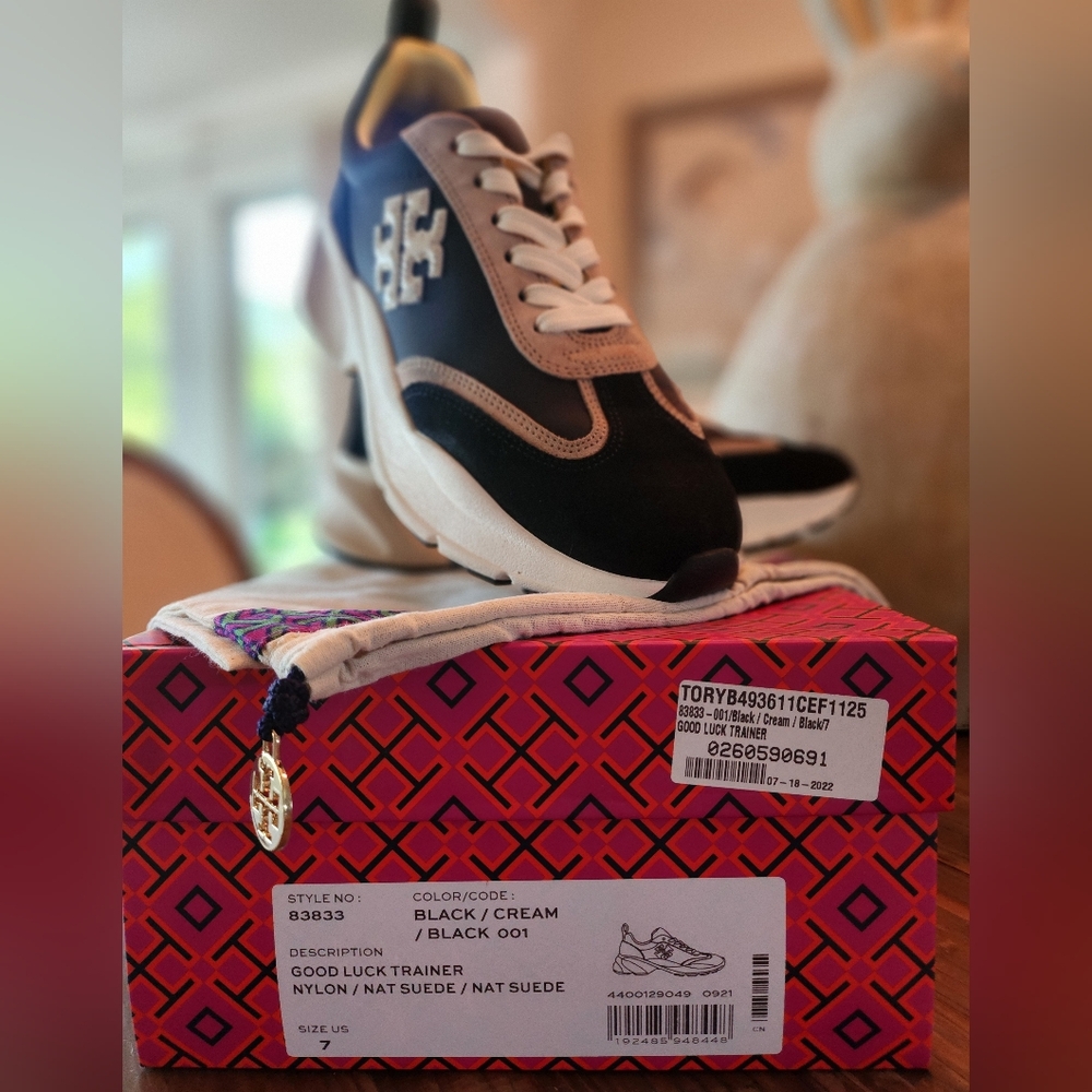 Tory Burch Good Luck Trainer Nylon/Suede Blk Cream Size 7 Worn 1x Smoke Free Hom